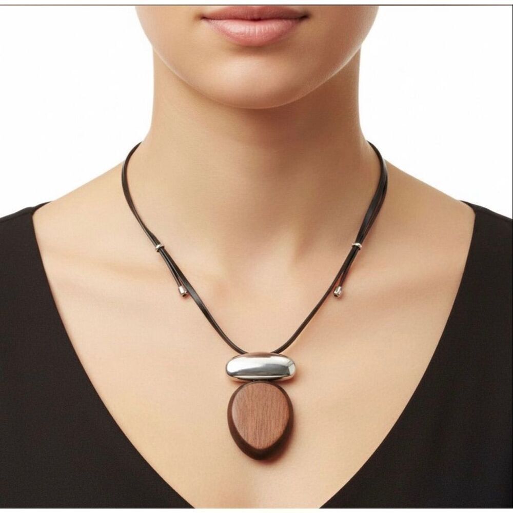 Mayamar Dual Tone Pendant Necklace Brown Silver Statement Artsy Adjustable NEW